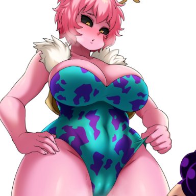 my hero academia, mina ashido, minoru mineta, jmg, 1boy, 1girls, big breasts, from below, hero outfit (mha), large breasts, leotard, pink body, pink hair, pink skin, hi res