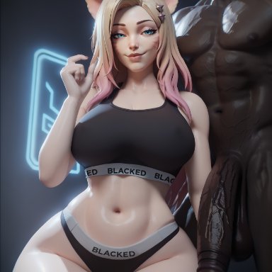 blacked, k/da all out series, k/da series, league of legends, riot games, ahri, k/da ahri, queensphynx, 1boy, 1girls, animal ears, blacked clothing, blonde hair, blue eyes, breasts