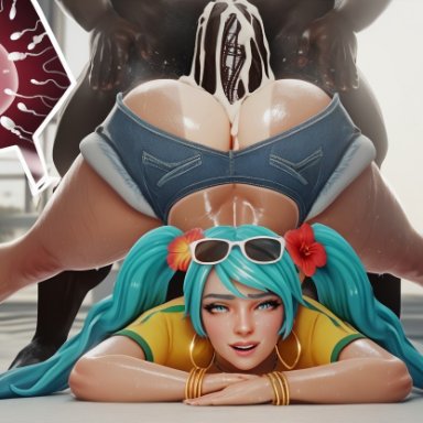 vocaloid, brazilian miku, hatsune miku, artist request, 1boy1girl, absurdly large cock, big ass, big penis, blue shorts, booty shorts, brazilian, brazilian female, cum, cum inside, cum on penis