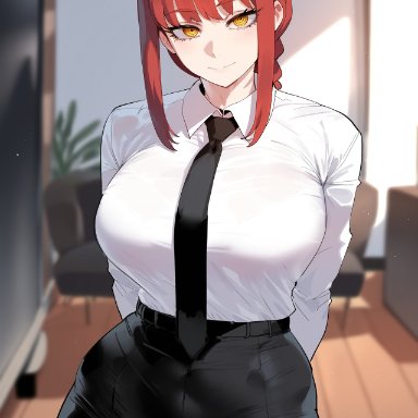 chainsaw man, makima (chainsaw man), creamy ai, black pants, braid, curvy, large breasts, long hair, narrow waist, necktie, red hair, thick thighs, white shirt, wide hips, yellow eyes