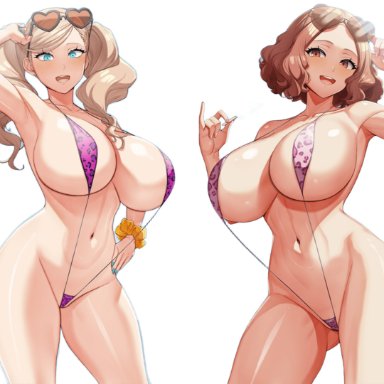 atlus, persona, persona 5, ann takamaki, cognitive ann, haru okumura, handplug, :d, 2girls, alternate breast size, big breasts, bikini, blonde hair, blue eyes, blush