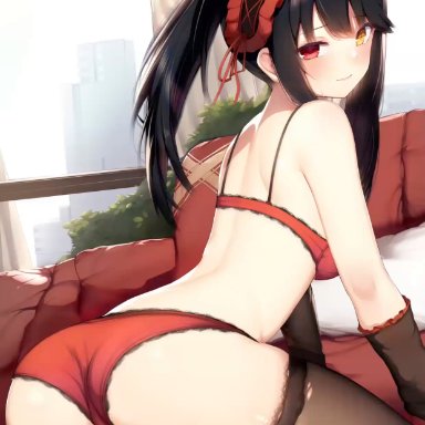 date a live, tokisaki kurumi, kimoshi, 1girls, 2boys, all fours, anal, anal insertion, armwear, ass, black armwear, black hair, black legwear, black stockings, bra