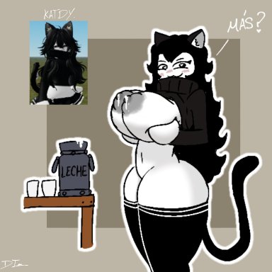 roblox, katdy (dibuinsano), roblox avatar, robloxian, dibuinsano (artist), 1girls, areolae, big breasts, black clothing, breasts, catgirl, lactating, lactation, milk, nipples