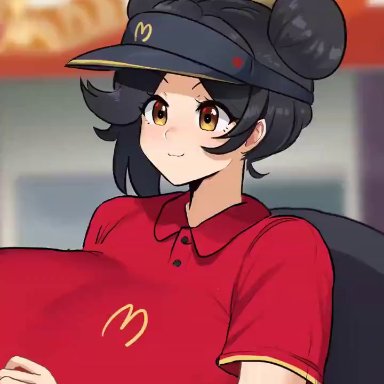 miruyuyo, 1girl, big breasts, black bra, black hair, bra, breasts, breasts bigger than head, cleavage, fast food uniform, female, female only, hair buns, hazel eyes, huge breasts