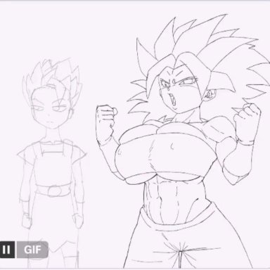 dragon ball, dragon ball super, cabba, caulifla, pseudocel, big breasts, blushing female, blushing male, erection under clothes, sudden erection, suprised look, swinging breasts, wardrobe malfunction, animated, monochrome