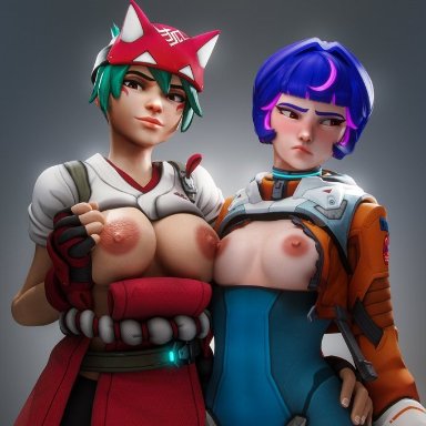 overwatch, overwatch 2, juno (overwatch), kiriko (overwatch), artist request, 2girls, asian female, big ass, big breasts, big butt, breast comparison, breast envy, breast size difference, breasts out, jealous female