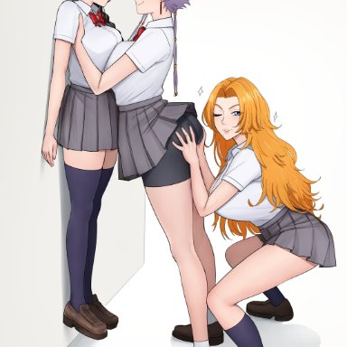 bleach, kotetsu isane, matsumoto rangiku, unohana retsu, dismaiden, 3girls, ass, ass focus, ass grab, big ass, big breasts, breast press, breasts, breasts to breasts, fat ass