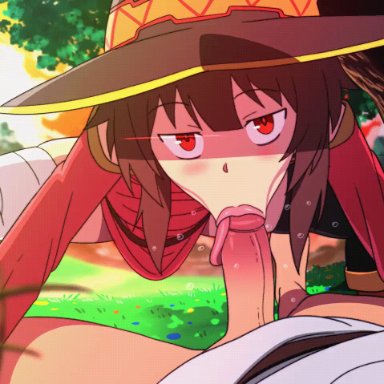 megumin, satou kazuma, d-art, blowjob, blowjob face, eye contact, male pov, pov, pov eye contact, tongue, tongue around penis, tongue out, tongue out blowjob