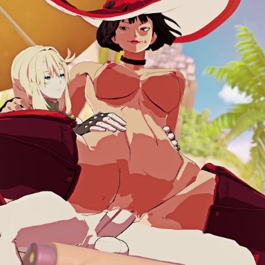 guilty gear, guilty gear strive, bridget, i-no, adma228, beach, black hair, blonde hair, cowgirl position, duo, duo focus, femboy on female, functionally nude, hands on hips, hat