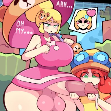 brawl stars, jessie (brawl stars), piper (brawl stars), double drownz, 1futa, 1girls, about to burst, about to cum, balls, big breasts, bottomless, breasts, clothed, clothed female, clothing