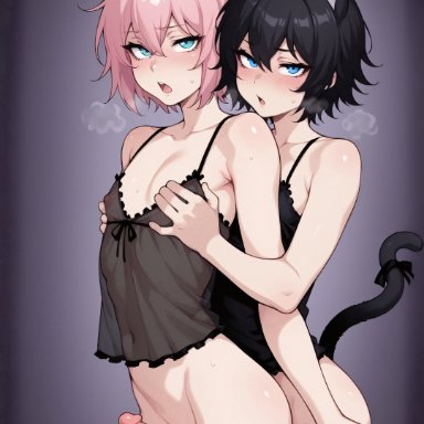 original, lustedcomplex, 2boys, 2femboys, ambiguous penetration, aqua eyes, black gown, black hair, blue eyes, blush, blushing, blushing at viewer, bottomless, cat ears, cat tail