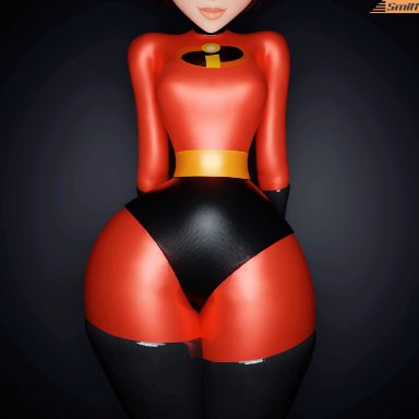 disney, the incredibles, elastigirl, helen parr, smitty34, 1girls, arms behind back, bodysuit, head out of frame, medium breasts, smile, solo, standing, swaying hips, thick thighs