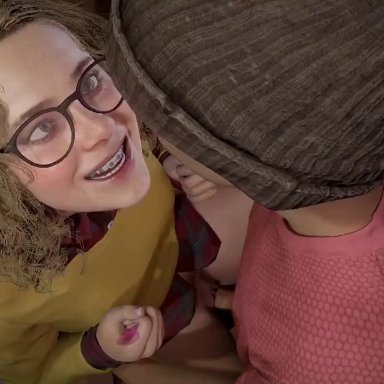 original, yellowbea, 1boy, 1girls, beanie, blonde hair, braces, condom, crazy eyes, crazy smile, dirty blonde hair, dorky girl, female, girlfriend, glasses