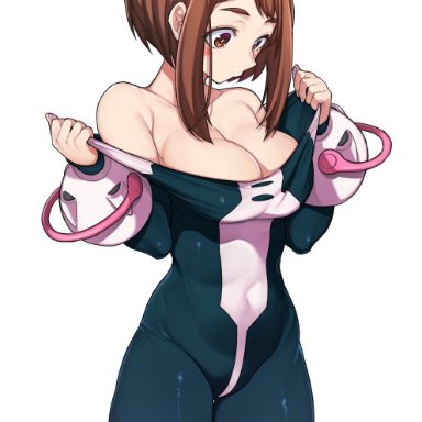 boku no hero academia, my hero academia, ochako uraraka, artist request, 1girls, bare shoulders, bodysuit, breasts, brown eyes, brown hair, cleavage, female, large breasts, short hair, solo