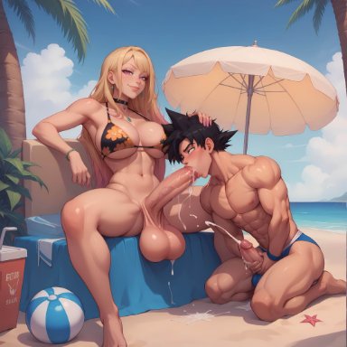 dragon ball, dragon ball super, dragon ball z, sono bisque doll wa koi wo suru, kitagawa marin, son goku, puffyart, 1boy, 1boy1futa, 1futa, abs, ahe gao, balls, beach, biceps