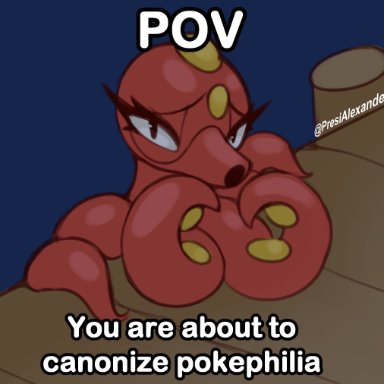 pokemon, pokemon gsc, octillery, pokemon (species), president alexander, canon couple, dock, embarrassed, eyelashes, female, female focus, looking at viewer, marine, octopus, octopussy