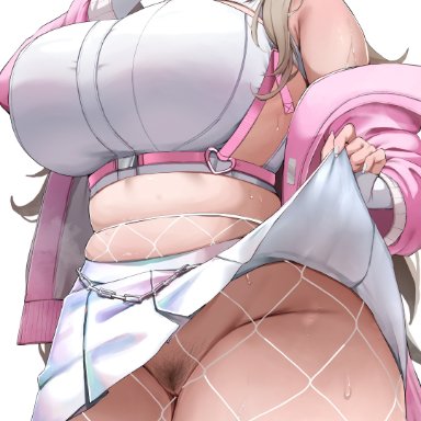 goddess of victory: nikke, viper (nikke), nunu (pixiv69145027), 1girls, alternate body type, blonde hair, breasts, chubby, female, fishnets, huge breasts, light skin, light-skinned female, long hair, naughty face