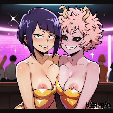 boku no hero academia, my hero academia, ashido mina, jirou kyouka, kyoka jiro, mina ashido, userisbad, 2girls, areolae, cleavage, nipple peek, nipple slip, ai generated, tagme