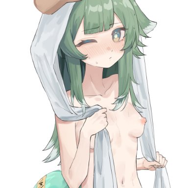 honkai (series), honkai: star rail, huohuo (honkai: star rail), 1other, ahoge, animal ears, blush, breasts, closed mouth, completely nude, cowboy shot, cunny, disembodied hand, female, fox ears