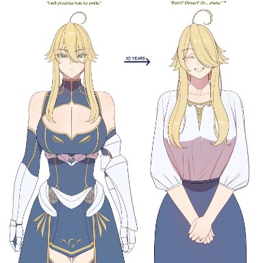 fate (series), fate/grand order, artoria pendragon, artoria pendragon (lancer), lvl (sentrythe2310), 1girls, ahoge, alternate costume, bare shoulders, before and after, big breasts, blonde hair, blouse, blush, breasts