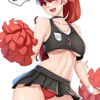 atlus, persona, persona 5, kasumi yoshizawa, anisdrawn, breasts, cheerleader, cheerleader uniform, female, female only, red eyes, red hair, solo