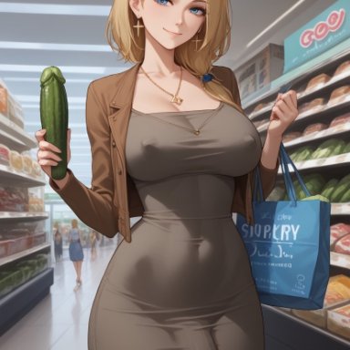 original, original character, santopati, 1futa, bag, big ass, big breasts, blonde hair, blue eyes, bulge, cleavage, covered navel, cowboy shot, dongtan dress, dress