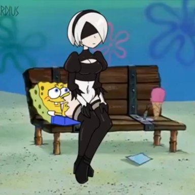 nickelodeon, nier (series), nier: automata, spongebob squarepants, sheldon j. plankton, yorha 2b, chloeangelva, drbastardius, imjustthatkinky, myahogao, 1boy, 1girls, ass, blindfold, cartoony