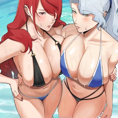 megami tensei, persona, persona 3, persona 4, margaret (persona), mitsuru kirijo, dnumde, 2girls, after kiss, asymmetrical docking, beach, big breasts, bikini, bikini bottom, bikini top