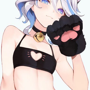 genshin impact, halloween, furina (genshin impact), anthro, blue eyes, blue hair, blush, breasts, cat ears, cat lingerie, catgirl, choker, cleavage, cute, heart