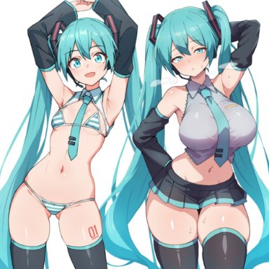 tachi-e, vocaloid, hatsune miku, hatsune miku (collared bikini), kamidan, :d, :o, 2girls, alternate breast size, aqua eyes, aqua hair, aqua necktie, armpits, arms up, bikini