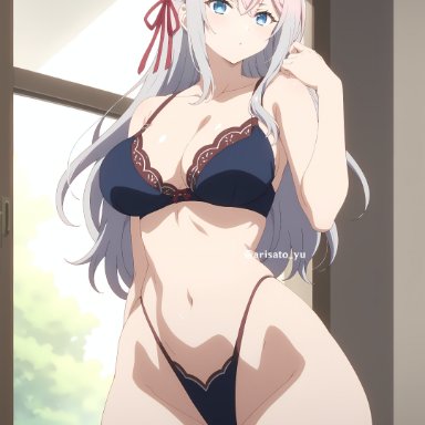 alisa mikhailovna kujou, arisato yu, ahoge, ass visible from the front, ass visible through thighs, blue eyes, hair ornament, lingerie, medium breasts, medium hair, white hair, ai generated