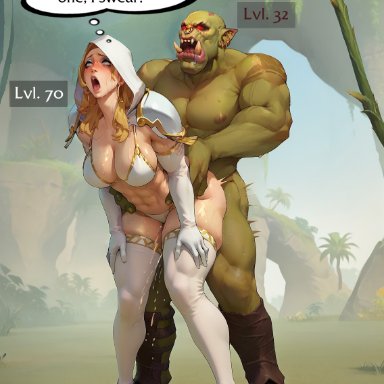 world of warcraft, human (world of warcraft), luna (noname55), orc (warcraft), nomisai, 1boy, 1girls, blonde hair, doggy style, female, high heels, human, human female, interspecies, light skin