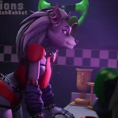 five nights at freddy's, roxanne wolf (fnaf), vanny (fnaf), sfmmations, 1girl1futa, all fours, back view, balls, blowjob, breast grab, bunnysuit, costume, cum, cum in pussy, cum inside