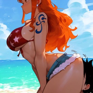 one piece, monkey d luffy, nami, erotic nansensu, arched back, ass, ass on face, beach, big breasts, bikini, bikini top, denim shorts, earrings, facesitting, female