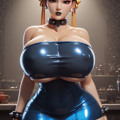 capcom, street fighter, chun-li, minomixai, 1girls, bangs, bare shoulders, bracelets, breasts, brown eyes, brown hair, busty, choker, cleavage, collar