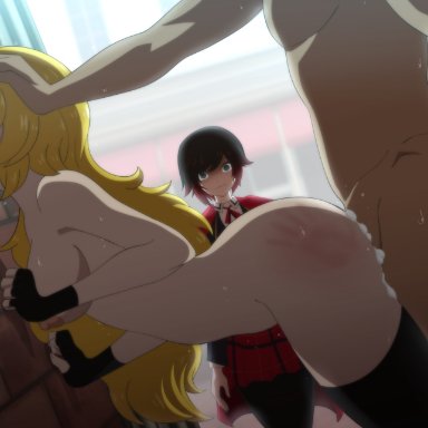 rooster teeth, rwby, ruby rose, yang xiao long, xeroshadows, 1boy, 2girls, against surface, against wall, ahe gao, alley, areolae, ass, blonde hair, boobs