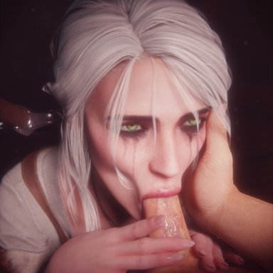 the witcher (series), the witcher 3: wild hunt, ciri, checkpik, :&gt;=, 1girls, blowjob, fellatio, female, green eyes, head grab, light-skinned female, light-skinned male, male, mascara