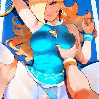 mario (series), mario tennis, super mario bros., princess rosalina, tittyg-ai, 1boy, 1girls, blue panties, breast grab, clothed sex, deep penetration, grabbing another's breast, looking pleasured, male pov, missionary position