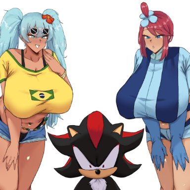 pokemon, pokemon bw, sonic (series), sonic the hedgehog (series), vocaloid, brazilian miku, hatsune miku, huuro (pokemon), shadow the hedgehog, skyla (pokemon), omikami, 1boy, 2girls, alternate breast size, big breasts