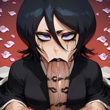 bleach, kuchiki rukia, 1boy, 1girls, black clothing, black hair, black kimono, black lips, black lipstick, blowjob, cock, cock worship, faceless male, fellatio, female