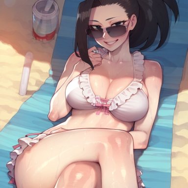 boku no hero academia, my hero academia, momo yaoyorozu, wanuze, beach, big ass, big breasts, big butt, big thighs, bikini, black eyes, black hair, blush, glasses, huge ass