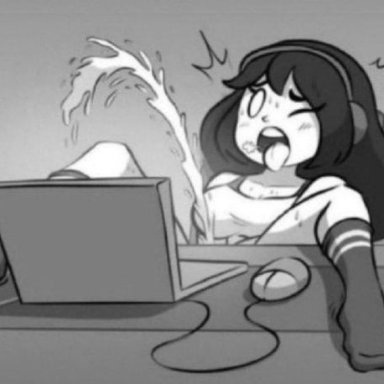 original, original character, donut bonut, 1girls, ahe gao, black hair, blush, computer, ejaculation, electronics, female, female focus, female only, gooning, headphones