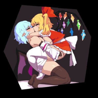 touhou, flandre scarlet, remilia scarlet, namako (takorin), takorin, 1futa, 1girls, ambiguous penetration, bat wings, big breasts, blonde hair, blue hair, breast press, breast to breast, breasts