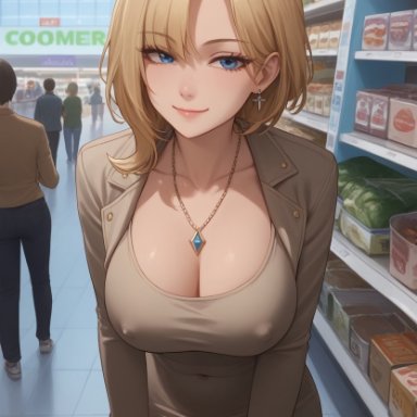 original, original character, santopati, 1futa, big breasts, blonde hair, blue eyes, bulge, cleavage, covered navel, dongtan dress, dress, earrings, erect penis, erection