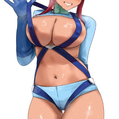 creatures (company), game freak, nintendo, pokemon, pokemon bw, gym leader, skyla (pokemon), nisakusa, 1girls, areolae, big breasts, blue eyes, blush, breasts, cleavage