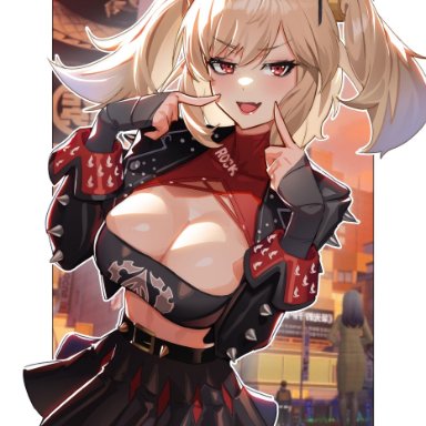 zenless zone zero, burnice white, inhoso, bandeau, belt, black bandeau, black belt, black jacket, black skirt, black thighhighs, blonde hair, breasts, cleavage, cowboy shot, eyewear on head