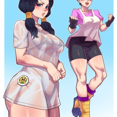 dragon ball, dragon ball z, videl, luchidart, 1girls, big breasts, bike shorts, black hair, blue eyes, breasts, female, female only, large breasts, see-through clothing, see-through shirt