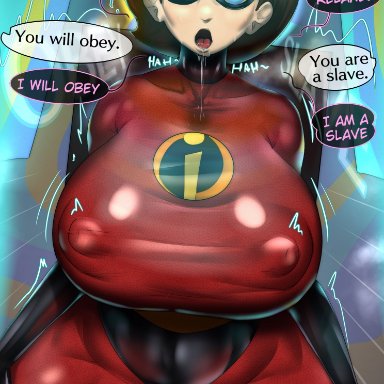 disney, the incredibles, elastigirl, helen parr, mahou monster, 1girls, big breasts, bodysuit, brown hair, drooling, eye mask, female, female only, huge breasts, hypnosis