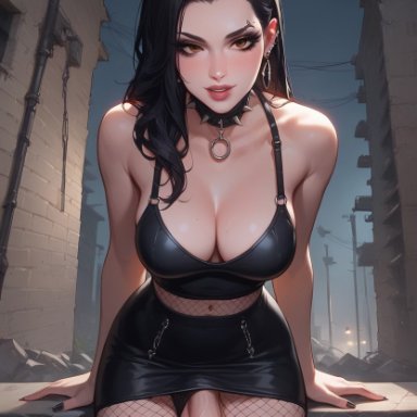 original, original character, santopati, 1futa, balls, bare shoulders, big breasts, big penis, black clothing, black hair, black nails, black panties, black skirt, brown hair, choker