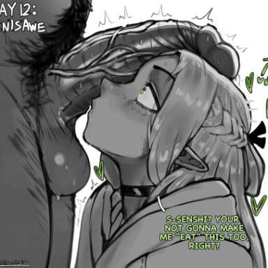 delicious in dungeon, dungeon meshi, marcille donato, senshi (dungeon meshi), mobi mobi, 1boy, 1girls, braided hair, cfnm, cock shock, drooling, elf, elf female, from side, green eyes